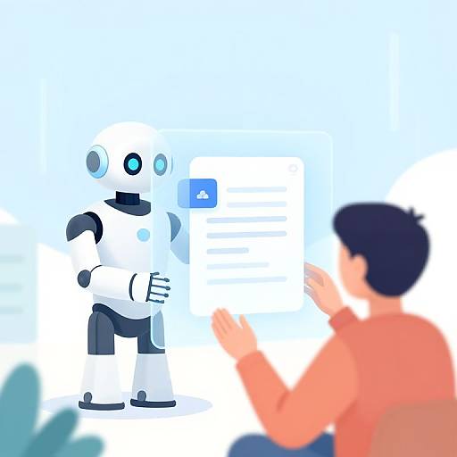 Digital illustration of a white robot with blue eyes and black limbs, interacting with a person in an orange shirt, holding a tablet. Background is minimalistic