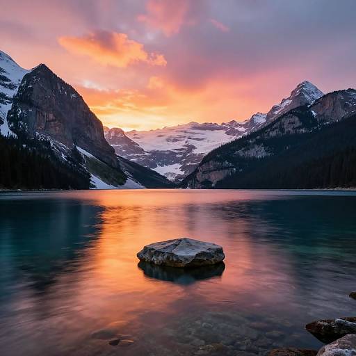 Photograph of a serene mountain lake at sunset, with a large rock in the foreground, reflecting vibrant orange and pink sky, surrounded by snow-capped
