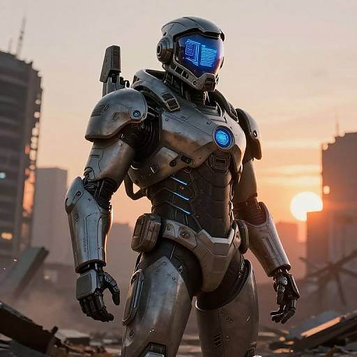 Futuristic Mech Pilot in Ruined City