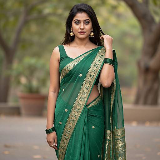 Photograph of an Indian woman with dark hair, wearing a green saree with gold embroidery, gold earrings, and green bangles, standing in a