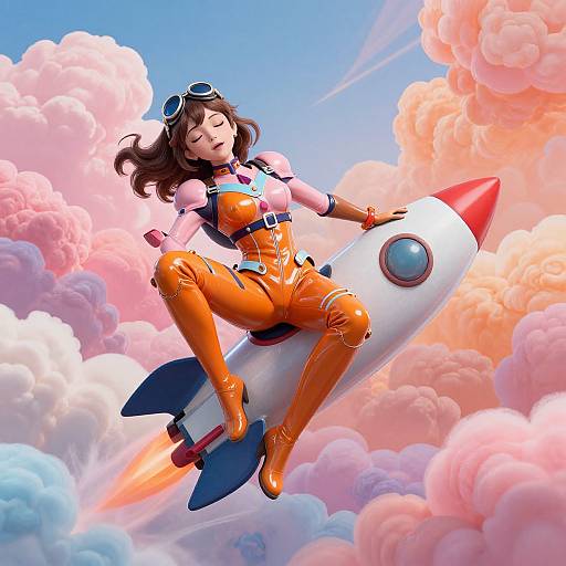 Digital artwork of a brown-haired woman in orange latex suit and goggles, riding a red-and-white rocket through pink and blue clouds.