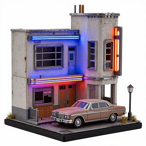 Photograph-style miniature of a neon-lit, two-story, beige building with a classic brown car parked in front, featuring blue, red, and