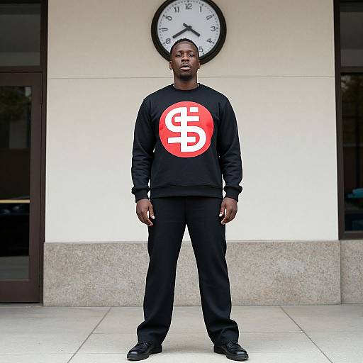 Photograph of a Black man standing in front of a clock, wearing a black sweatshirt with a red and white Bitcoin logo, black pants, and