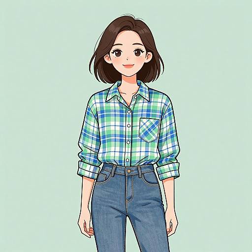 Smiling Woman in Plaid Shirt and Jeans