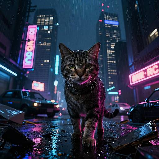 Dystopian Cyberpunk Cat in Neon Chaos