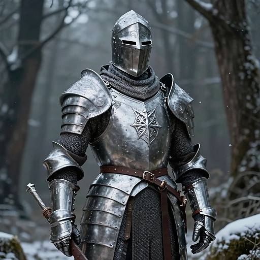 Photorealistic CGI of a medieval knight in shining silver armor with a star emblem, standing in a snowy forest, holding a sword at his side.