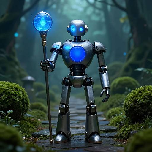 Photorealistic CGI of a silver robotic figure with glowing blue eyes and chest, holding a blue orb-topped staff, standing in a misty,
