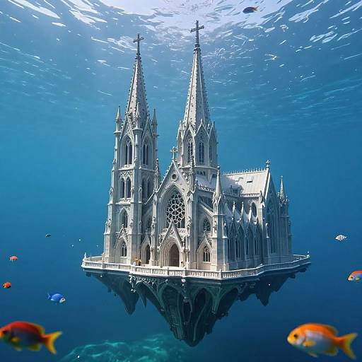 Photograph of a floating Gothic cathedral with twin spires surrounded by vibrant, colorful fish in a clear, blue underwater scene.