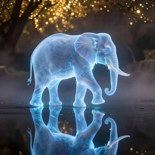 Photograph of a glowing, translucent blue elephant walking on water, reflecting its image, against a dark, sparkly background.