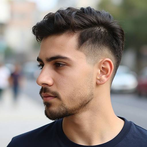 Photograph of a young man with dark, neatly styled hair and beard, wearing a black shirt, looking to the side in an urban street background.