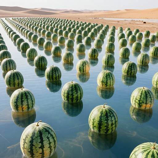 Photorealistic digital image of a vast field of watermelons floating in a shallow, reflective water pool, stretching into a distant, sandy horizon under