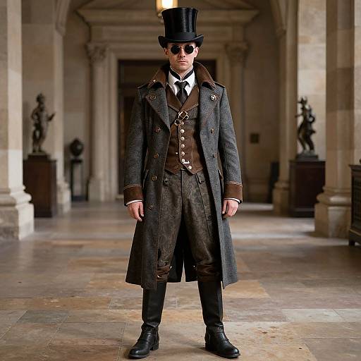 Photograph of a man in Victorian attire: black top hat, sunglasses, brown suit, long coat, black boots, standing in a grand, stone