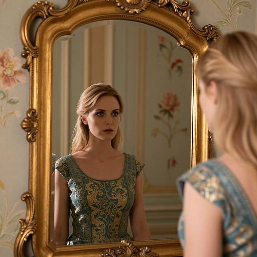 Blonde woman in ornate blue dress with gold embroidery stares at herself in an elaborate, gold-framed mirror, vintage floral wallpaper background. Photographic