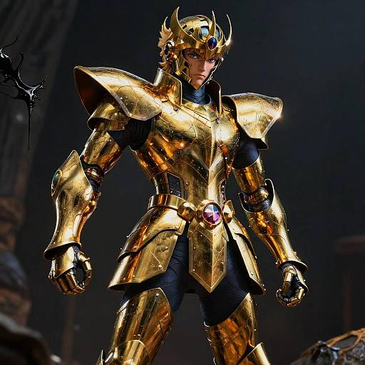 Photorealistic CGI of a muscular, armored male warrior in shiny, gold-plated medieval armor with purple gems, standing confidently in a dark, industrial