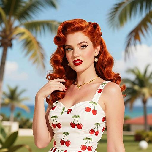 Retro woman with red hair in cherry dress outdoors