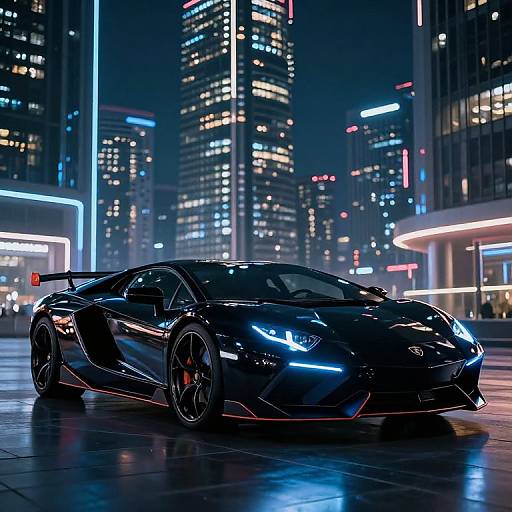 Photorealistic CGI of a sleek, black, futuristic sports car with neon blue headlights and red accents, parked in a neon-lit, urban city