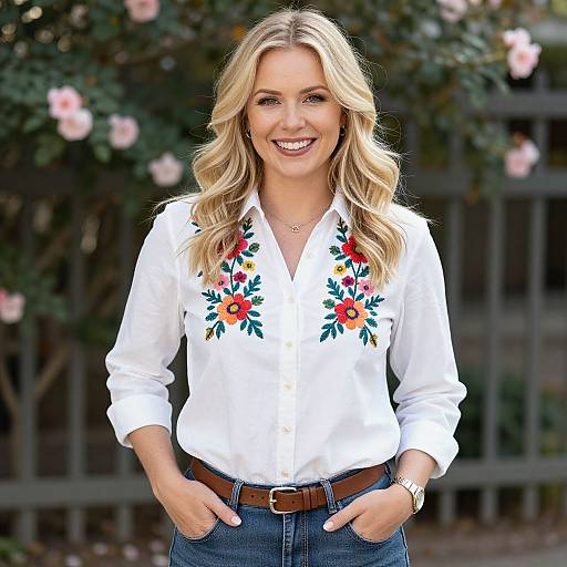 Photograph of a smiling blonde woman with wavy hair, wearing a white floral blouse and blue jeans, standing outdoors against a blurred background of pink flowers