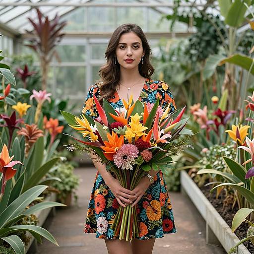 Elegant Woman in Tropical Greenhouse