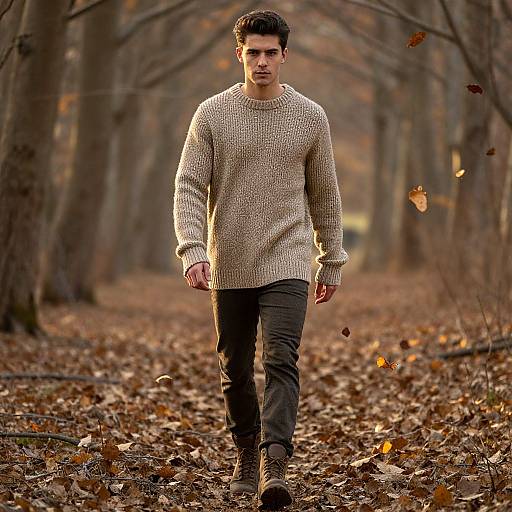 Photograph of a young man walking through a forest, wearing a beige knit sweater, dark pants, and brown boots, surrounded by fallen autumn leaves.