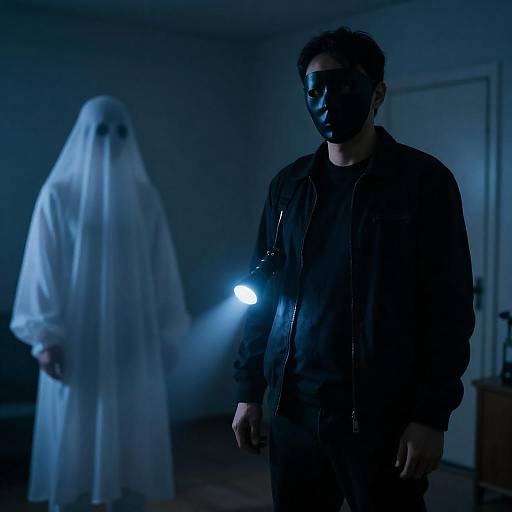 Masked Man in Blue-Lit Room with Ghost