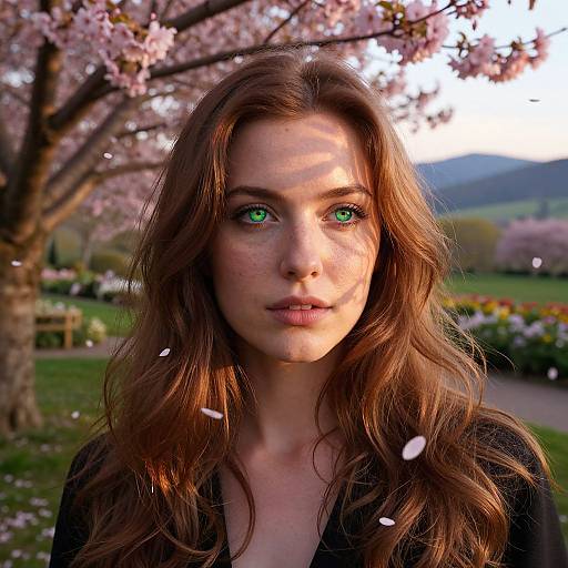 Photograph of a young woman with long, wavy brown hair, green eyes, and freckles, standing in a sunlit cherry blossom park