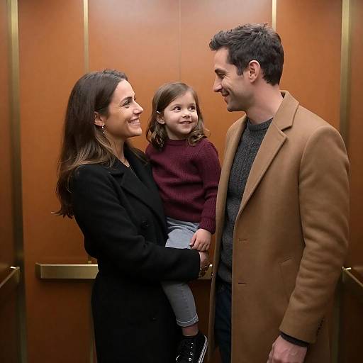 Smiling Family in Orange Elevator