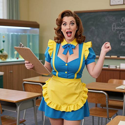 Photorealistic cartoon-style image of a curvy, busty woman in a blue and yellow maid outfit, holding a clipboard, with an excited expression in