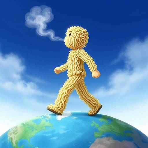 3D CGI of a straw-man figure smoking, walking on a blue planet, against a vivid blue sky with white clouds.
