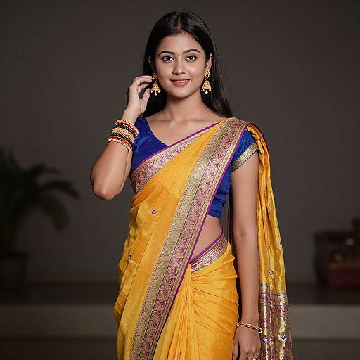 Photograph of a beautiful Indian woman with long black hair, wearing a yellow sari with gold and pink borders, blue blouse, gold jewelry, smiling