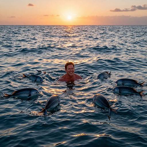 Photograph of a smiling man with wet hair, chest-up in ocean, surrounded by six dolphins at sunset, with orange and blue sky.
