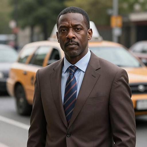 Serious Black Man in Brown Suit Outdoors