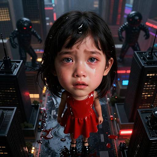 Crying Girl in Red Dress in Dark Oil Cityscape