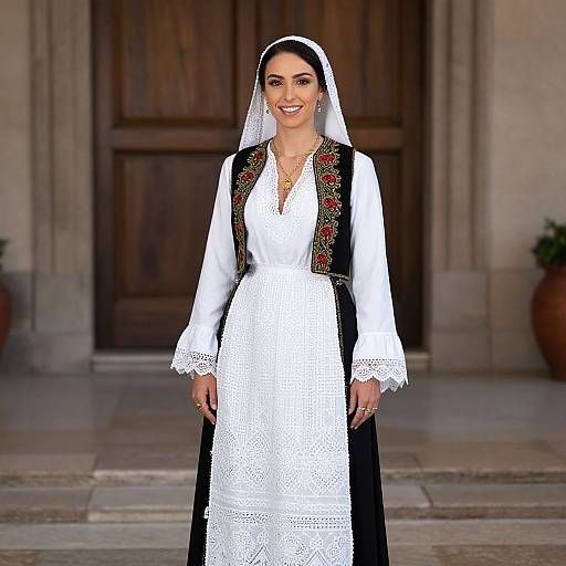 Photograph of a smiling woman in traditional white lace dress with black embroidered vest, white veil, and silver earrings, standing in front of a wooden door