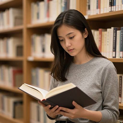 Young Asian woman with long black hair, wearing a gray sweater, reads a book in a library with wooden shelves filled with books. Photograph.