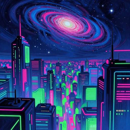 Neon-lit futuristic cityscape under a vibrant, glowing galaxy. Bright purple, pink, green, and blue lights illuminate skyscrapers, creating