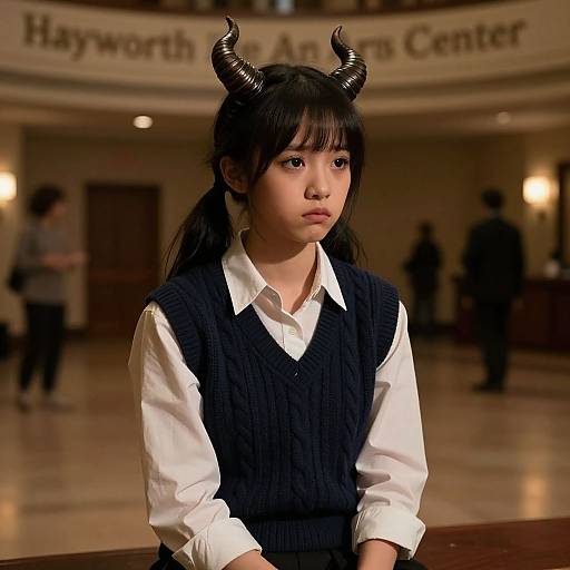 Photograph of an Asian girl with black hair, wearing white shirt and navy sweater vest, black devil horns, sitting in a dimly lit, elegant