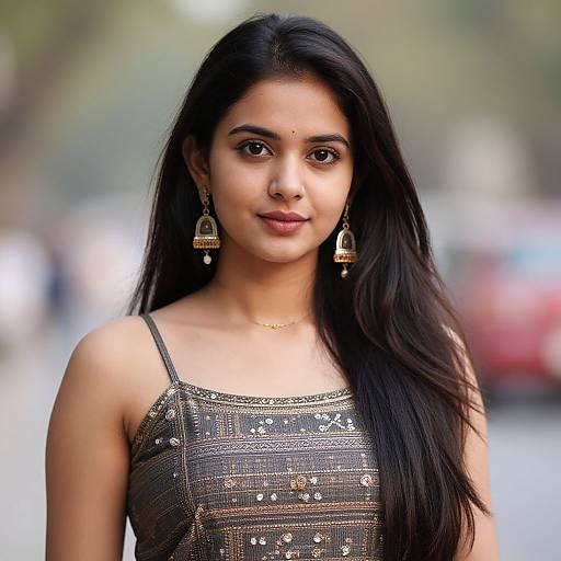 Photograph of an Indian woman with long black hair, wearing a sparkly gray tank top and gold dangling earrings, standing outdoors with a blurred street background