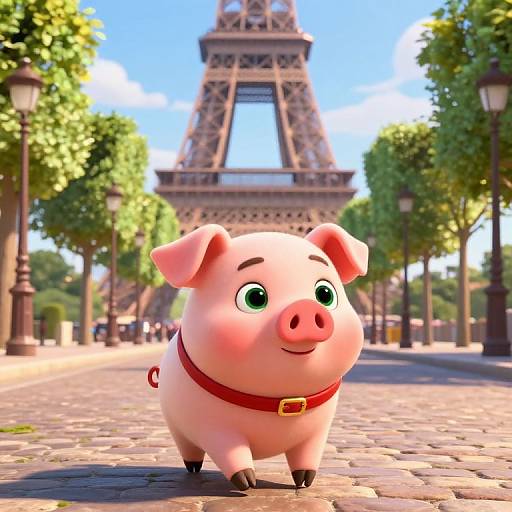 Kawaii Pig Strolling Champs Elysees