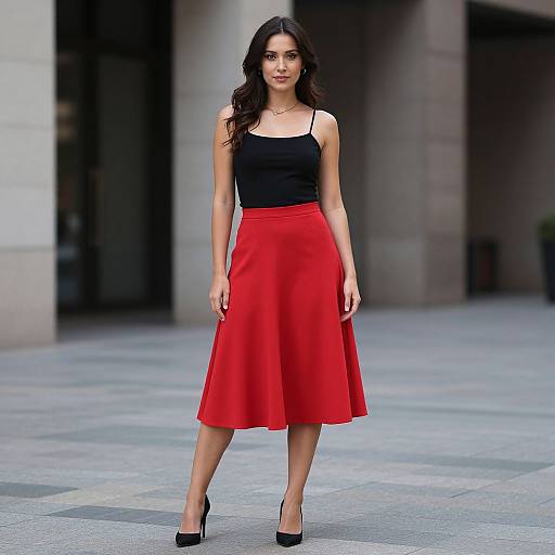 Photograph of a young woman with long dark hair, wearing a black tank top and a red knee-length skirt, standing in an urban outdoor setting,