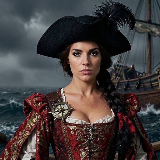 Photograph of a stern-faced woman in a pirate costume, red and gold corset, black tricorn hat with feather, compass, ship in storm