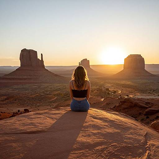 Photograph of a blonde woman in a black top and blue jeans sitting on a rocky outcrop at sunset, facing three distant buttes in a desert