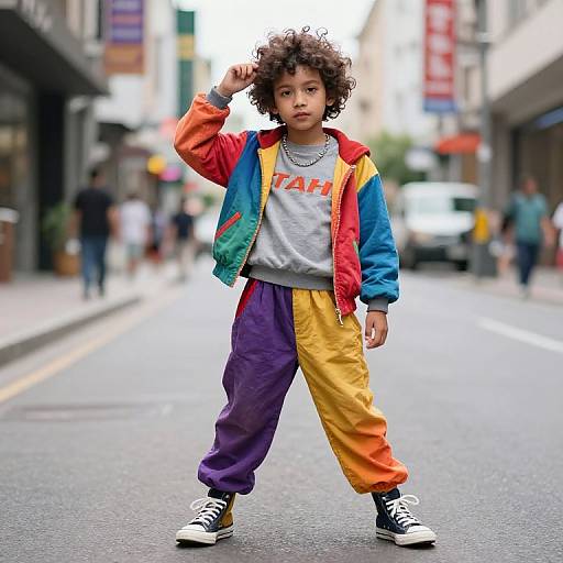Photograph of a young boy with curly hair, wearing a colorful jacket, gray shirt, purple and yellow pants, and black sneakers, standing confidently on