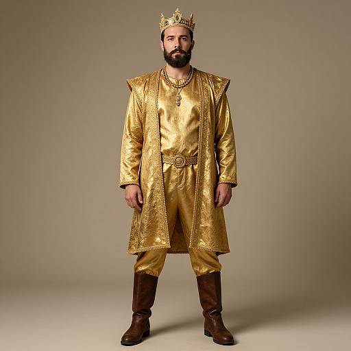 Photograph of a bearded man wearing a gold ornate tunic, matching gold crown, brown boots, standing against a beige background.