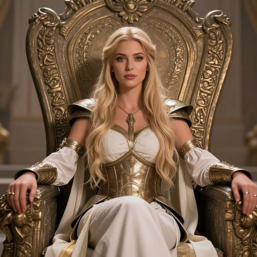 Blonde woman with long hair, white gown, gold armor, and ornate throne, sitting regally in a luxurious, baroque-style room.