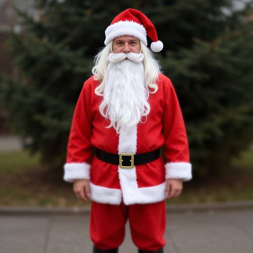 Photograph of a middle-aged man with a white beard and long hair, wearing a classic red Santa outfit with white trim and a black belt, standing