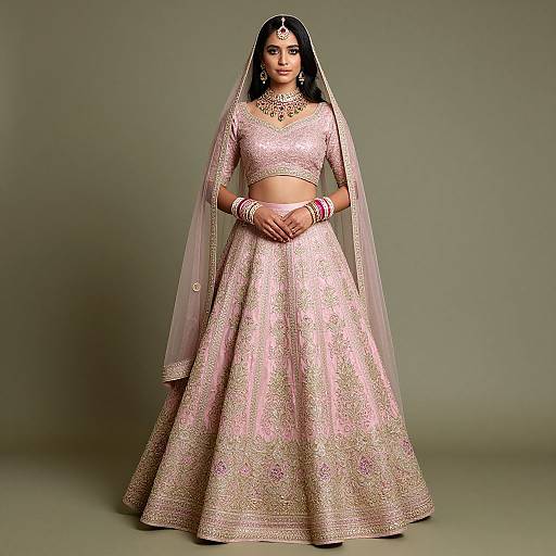 Photograph of a South Asian woman in a pink and gold traditional lehenga with intricate embroidery, long veil, and ornate jewelry, standing against a