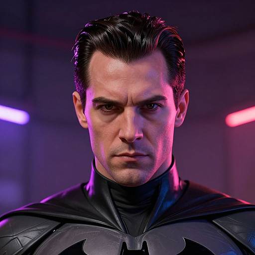 Photorealistic CGI of a stern-faced man with slicked-back black hair, wearing a black leather Batman suit, illuminated by purple and pink neon lights