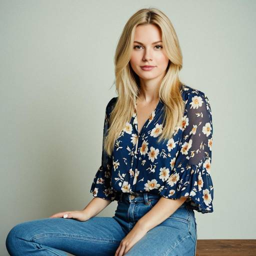 Blonde Woman in Floral Blouse and Blue Jeans