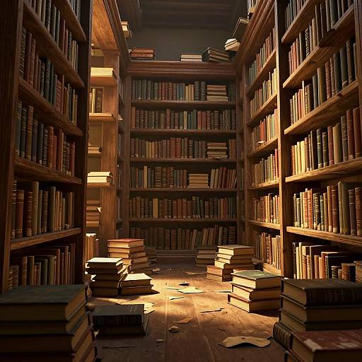 Photograph of a dimly lit, wooden library with sunbeams streaming in, illuminating stacked books on the floor and dark wooden shelves filled with