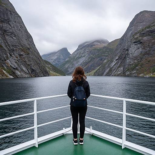 Photograph of a woman with brown hair, black jacket, and backpack, standing on a boat's deck, facing a foggy, mountainous fj